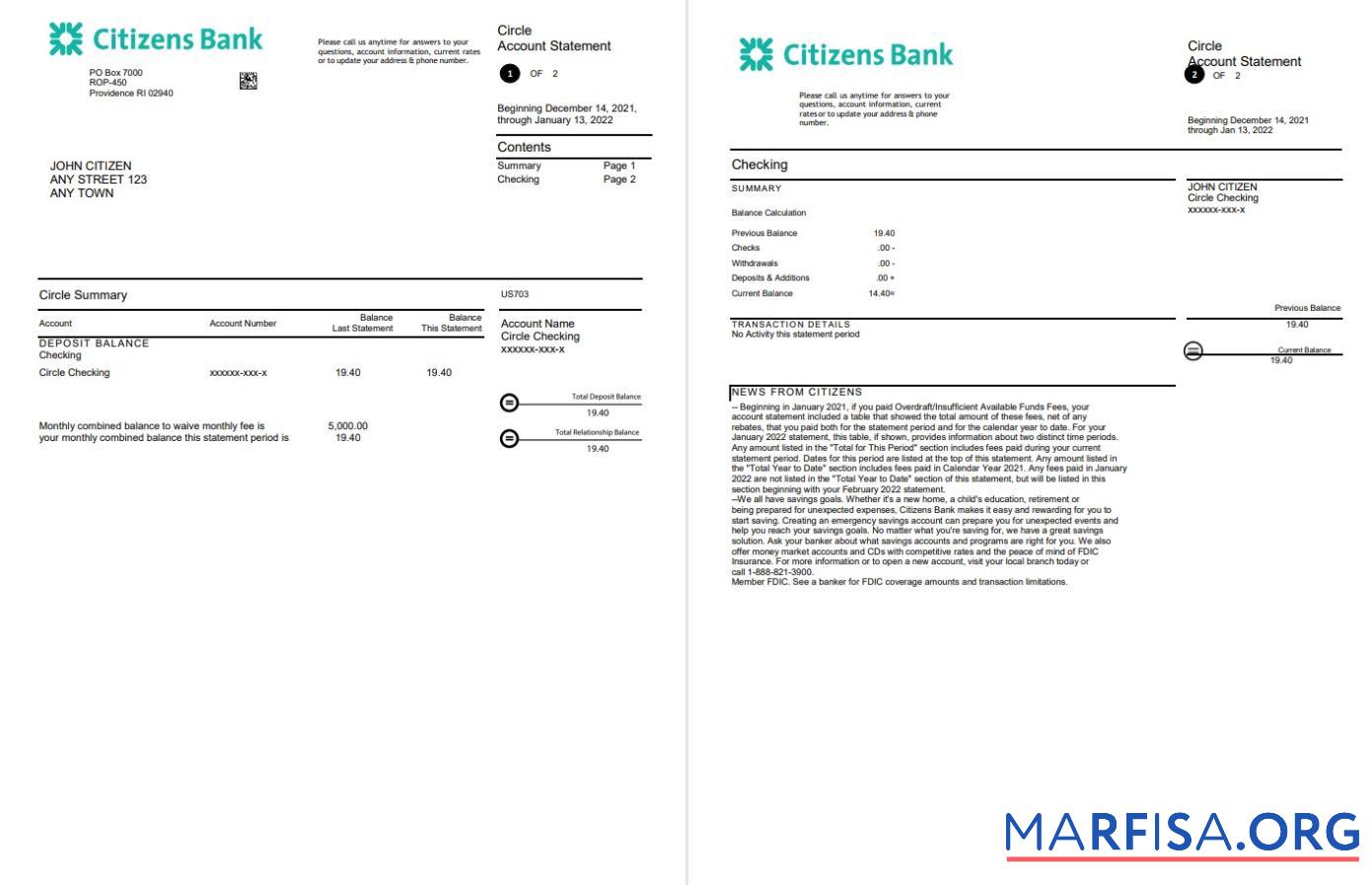 Downloadable USA Citizens bank statement word 4 pages sample
